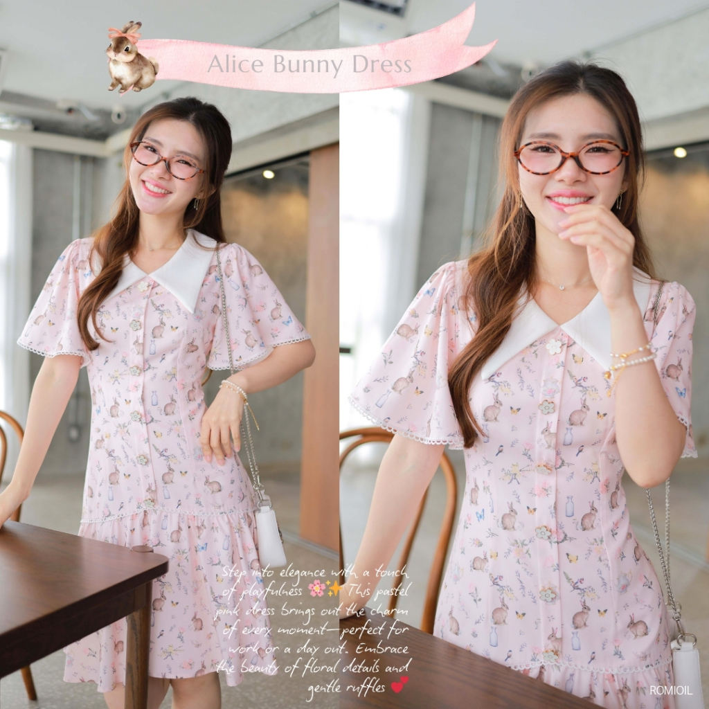 Romi"Oil" Alice Bunny Dress K110 ชุดเดรสลายกระต่าย (คอปกแต่งกระดุมดอกไม้)