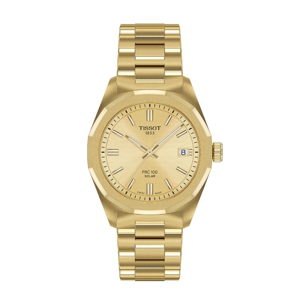 Tissot PRC 100 Solar Quartz 34 mm. ทิสโซต์ พีอาร์ซี 100 โซลาร์ ควอตซ์ สีแชมเปญ ทอง T1518223302100 นา