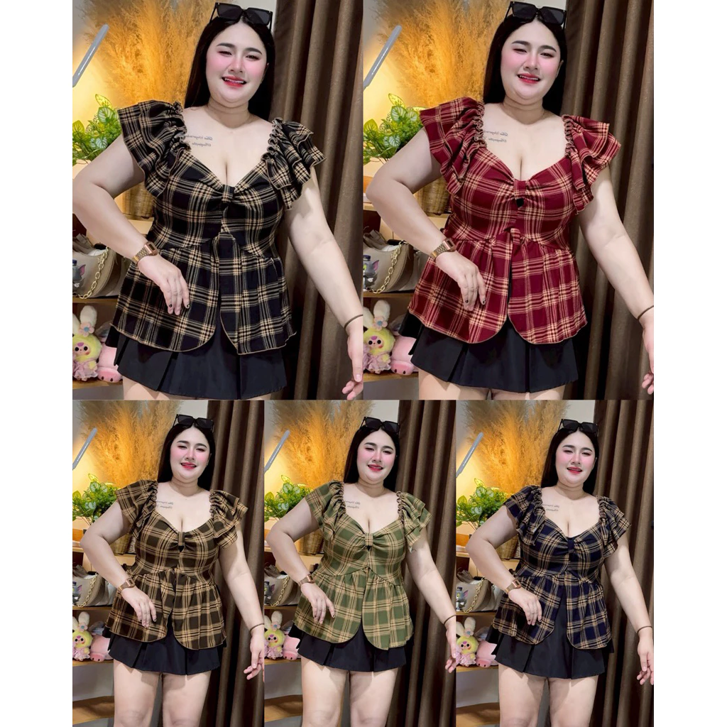เสื้อสาวอวบ 💖อก38-46💖 ลายสก้อตน่ารัก แต่งโบว์อก แขนริ้ว แหวกหน้าพรางหุ่นสุดๆ (A86)