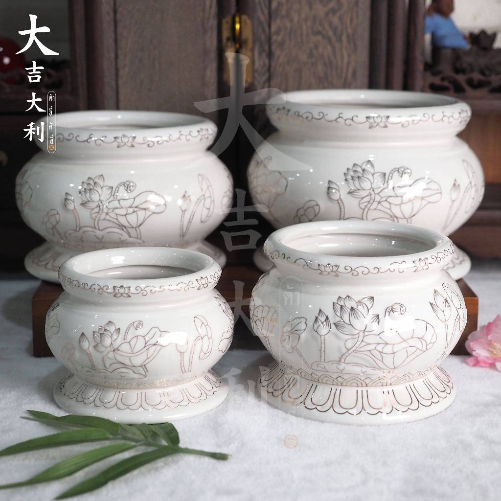 กระถางธูปสีขาวลายเส้นดอกบัวสีทอง เซรามิกเกรดA มีให้เลือก 4 ขนาด