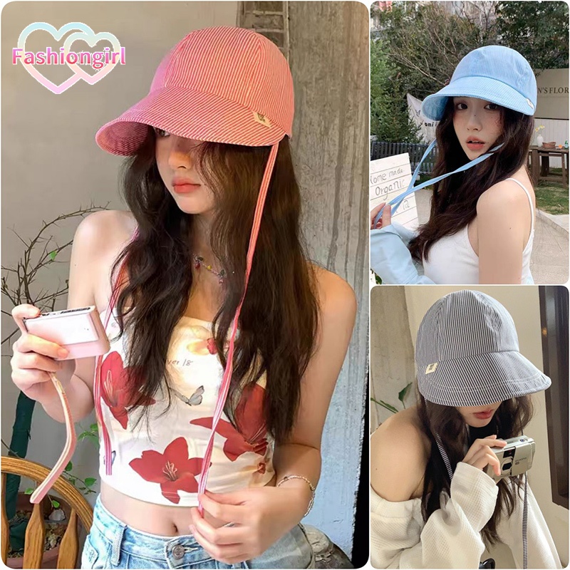Fashion girl💗💗สไตล์เกาหลี หมวกบักเก็ต สีโดพามีนเข้ากัน กันแดด หมวกแฟชั่นลายทาง คุณภาพสูง พับได้ พกพาสะดวก