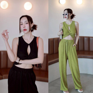 ชุด Set 2 ชิ้น เสื้อแขนกุด + กางเกงทรงกระบอกขายาว ชุดไปทะเลน…