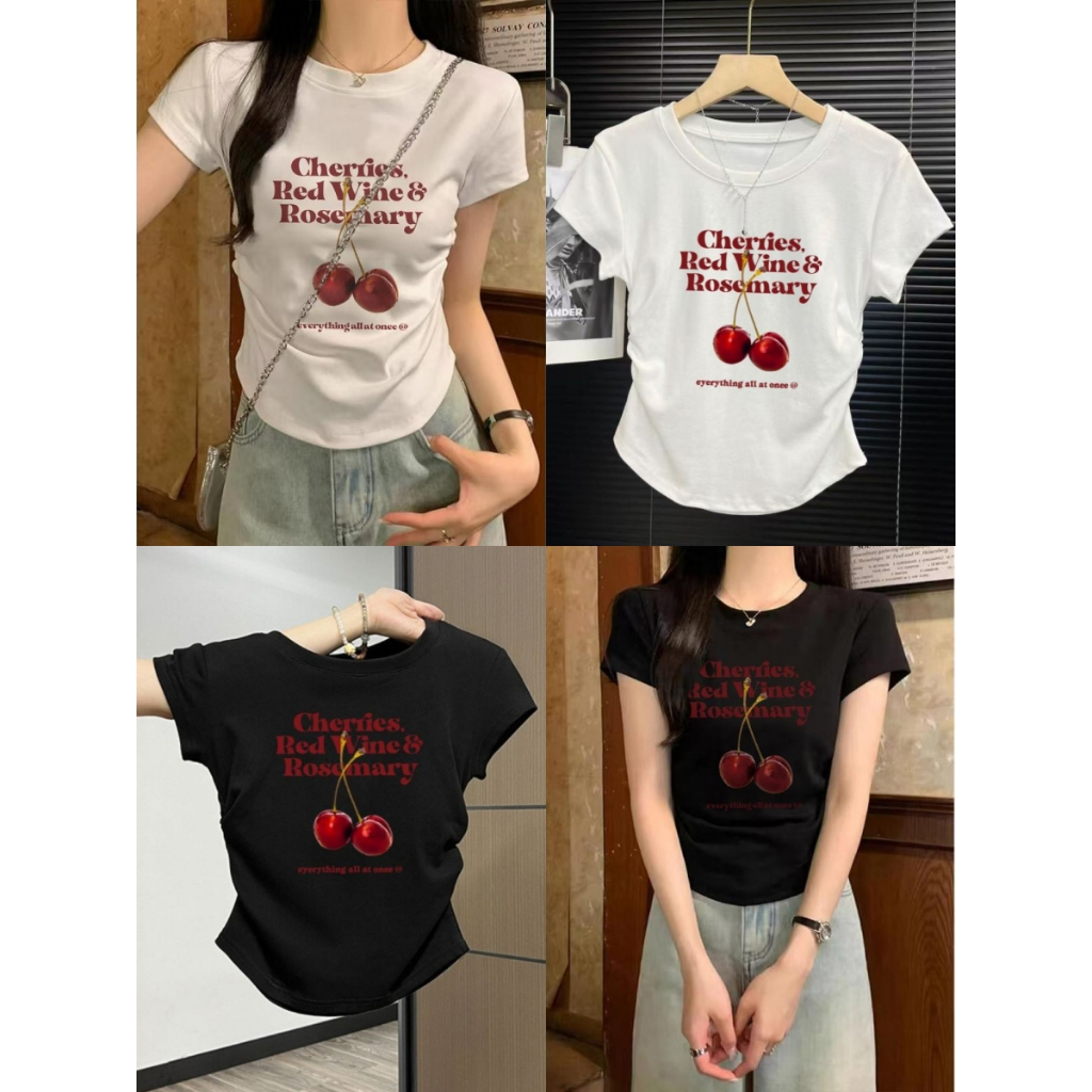 เสื้อยืดคอกลม เสื้อครอปเชอรี่ ทรงเข้ารูป ไหล่ตรง ใส่เเล้วดูผอม งานเกาหลี #22325
