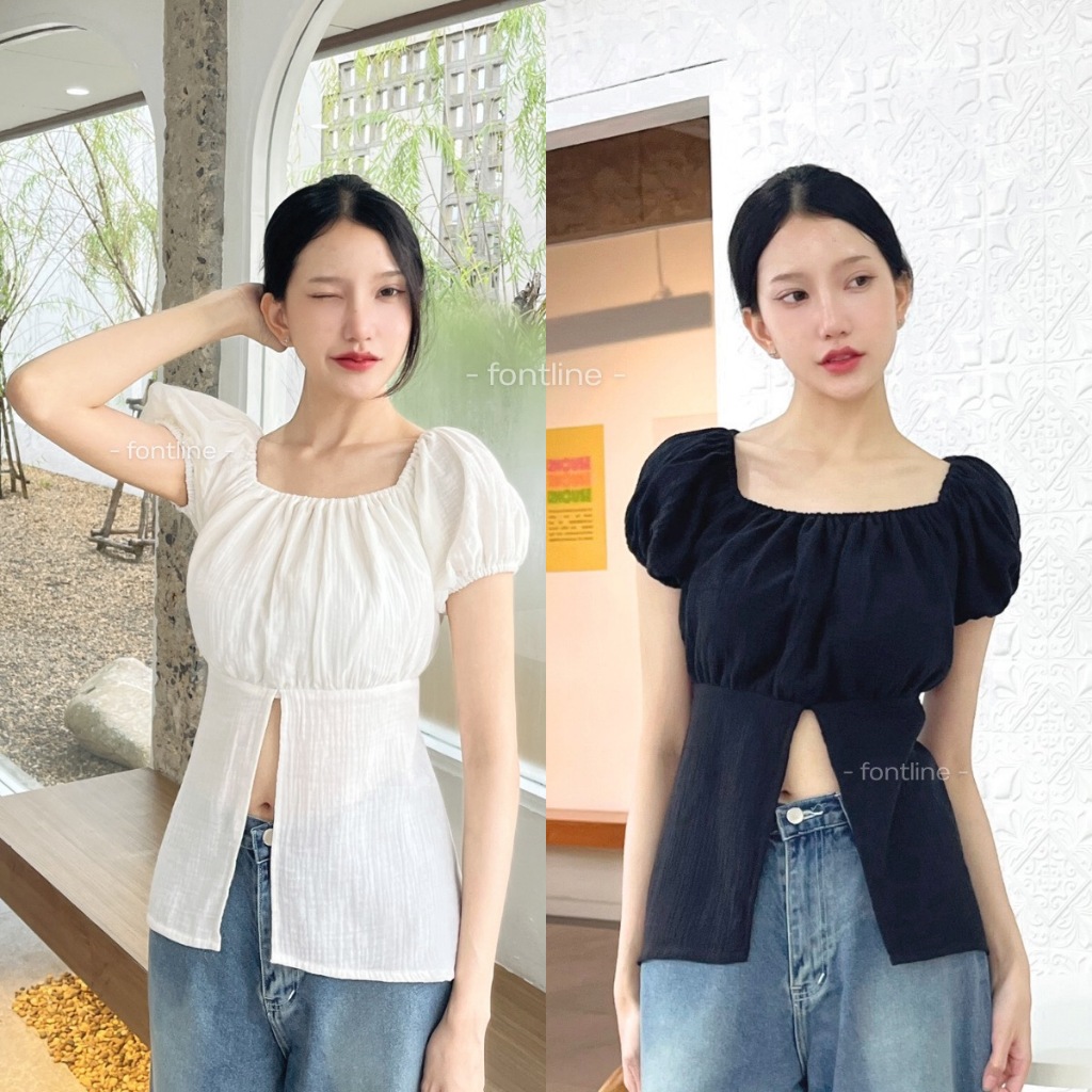 FONTLINE เสื้อแขนตุ๊กตา ผ้าสาลู2ชั้น ใส่สบายผ้านิ่ม มีซับด้านใน cotton salou ดีเทลแหวกหน้า ผูกหลัง น