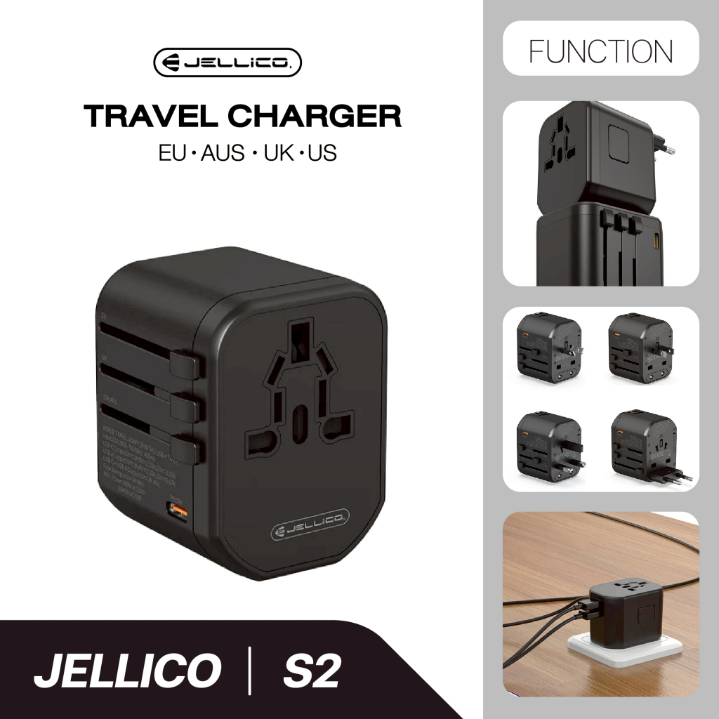 JELLICO หัวแปลงปลั๊กไฟ 100V-240V travel charger PD+QC 20W รุ่น S2