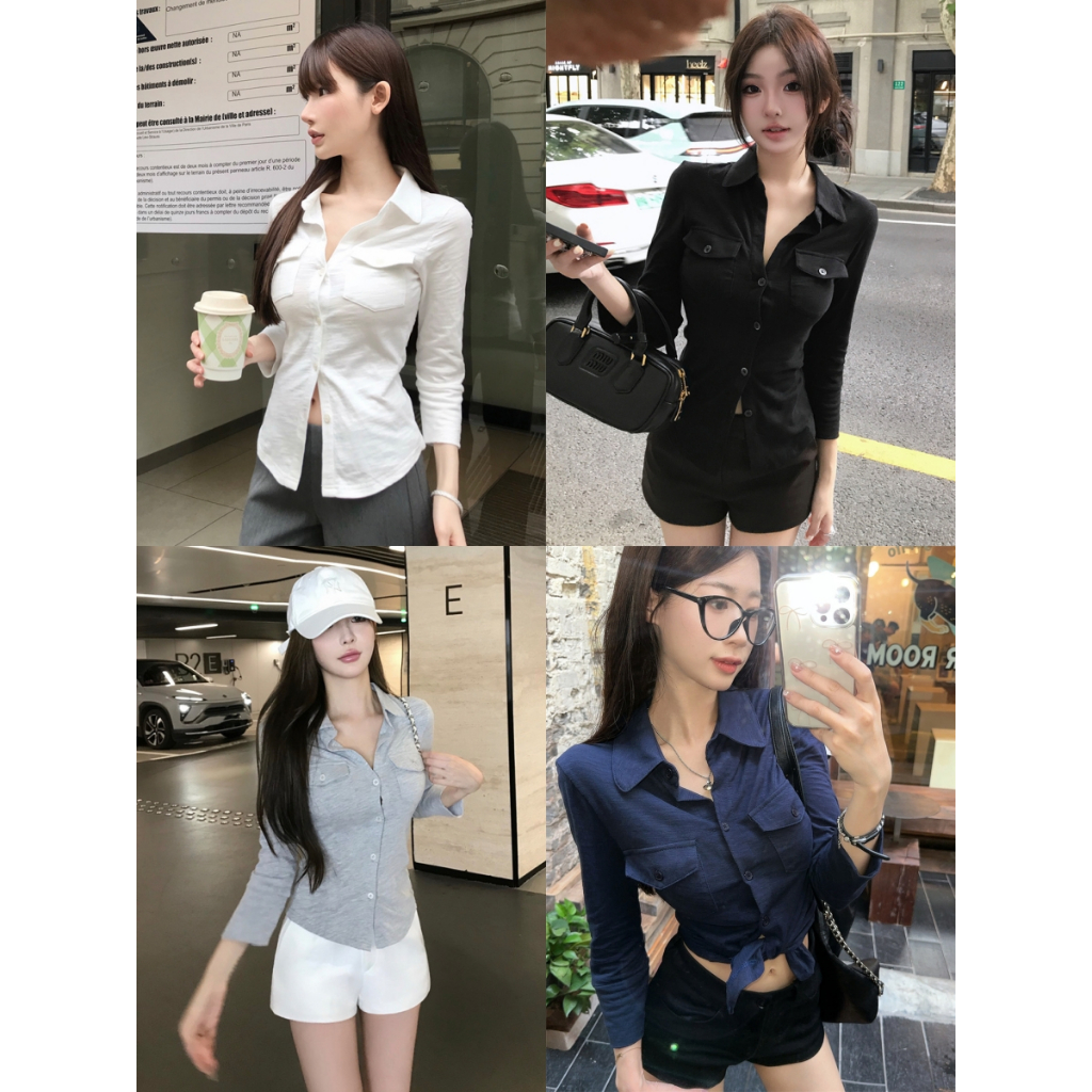 เสื้อเชิ้ตเเขนยาว เสื้อเชิ้ตสีพื้น คอปก ใส่ทำงาน ใส่เเล้วดูผอม ใส่กันเเดดได้ #22326