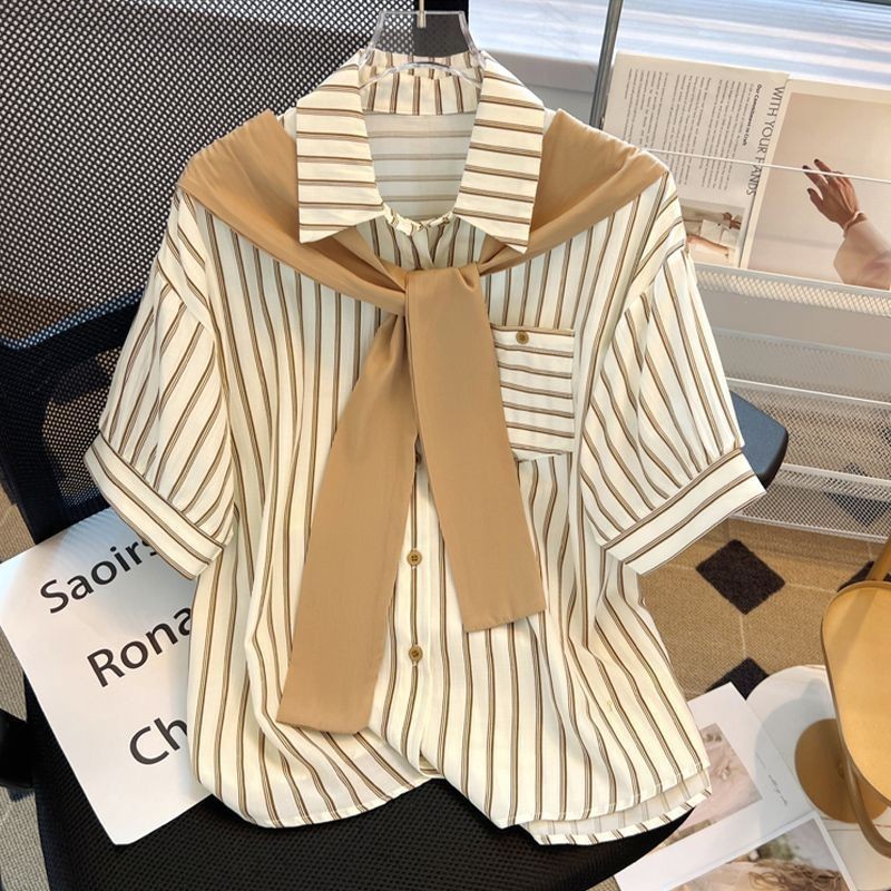 เสื้อเชิ้ตแขนสั้นลายทางปลอมสองชิ้นดีไซน์เก๋ไก๋ช่วงฤดูร้อน 2025 แฟชั่นใหม่ทั้งตัวเสื้อและเสื้อเชิ้ต - รูปที่ 5