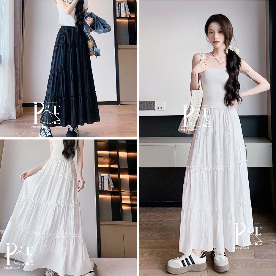 พร้อมส่ง กระโปรงยาว เอวสม็อค ทรงเลเยอร์ สไตล์เกาหลี เก๋ๆ ผ้าชีฟองบางๆ ใส่สบายมาก (มีซับใน) ทรงน่ารักมาก