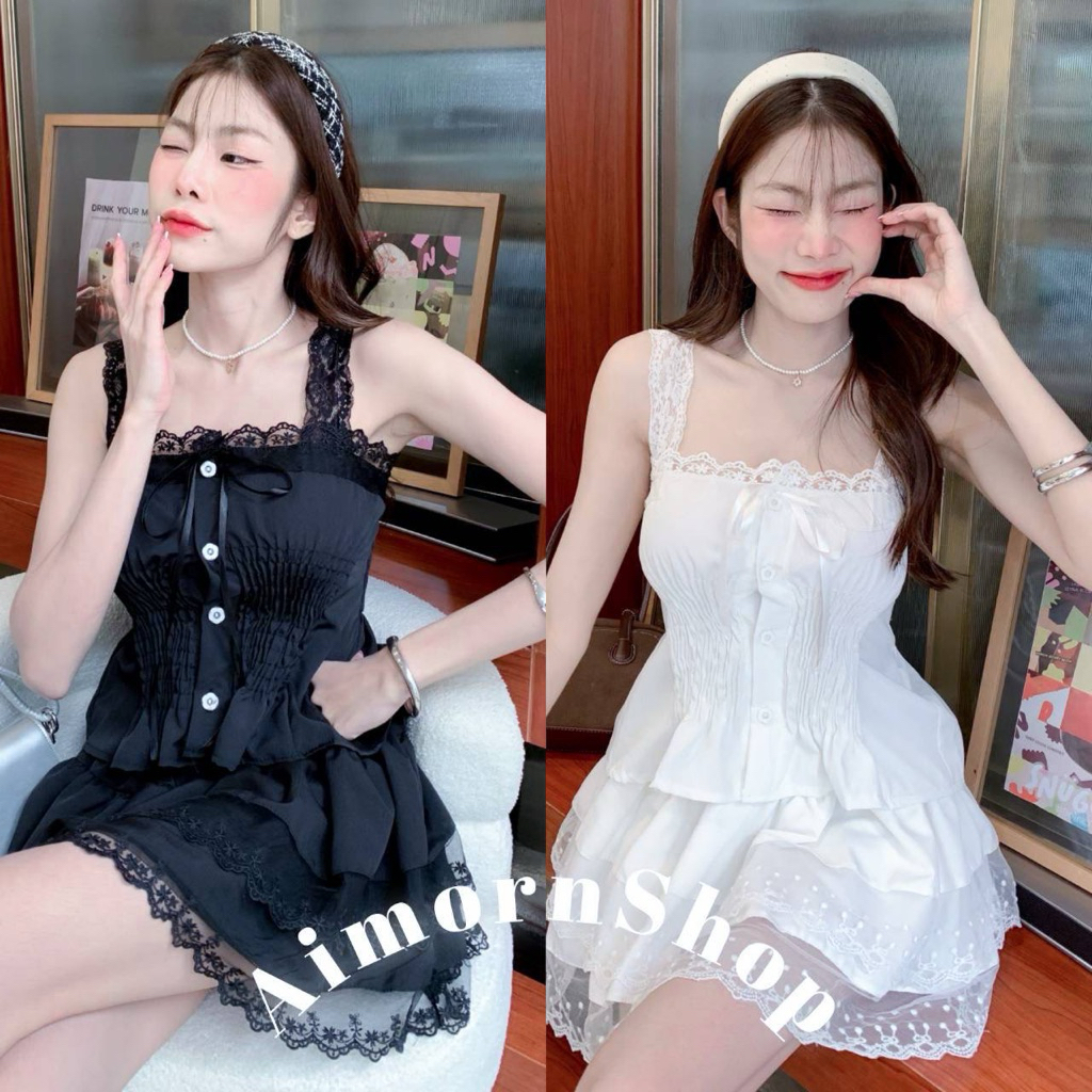 aimorn_shop เสื้อกล้ามแขนลูกไม้ ทรงสม็อคเจ้าหญิง ผูกโบว์ด้านหน้าน่ารักๆ