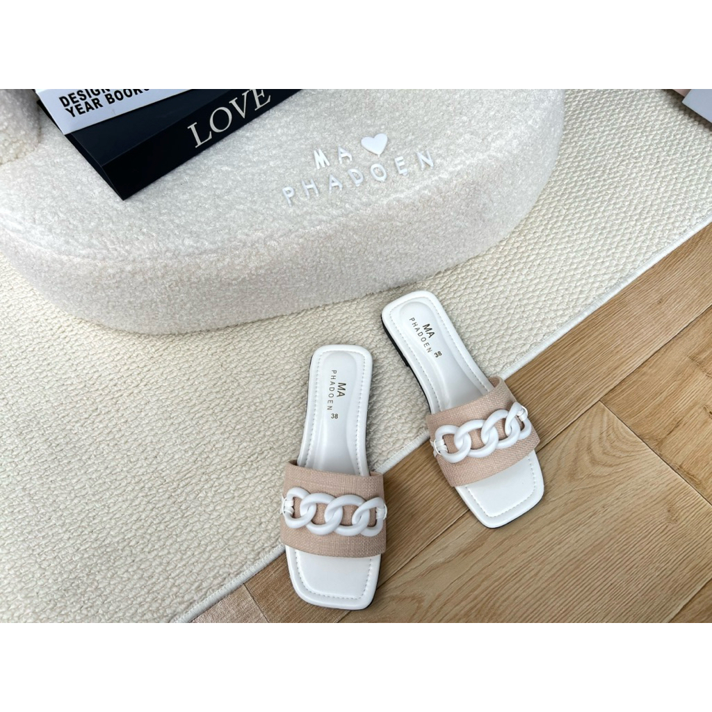 ⛓️‍💥Afashion⛓️‍💥รองเท้าแตะแฟชั่นผ้ากระสอบแต่งโซ่ใหญ่ เรียบ หรูมากค่ะ มีไซด์36-45 สินค้าพร้อมส่งนะคะ - รูปที่ 3