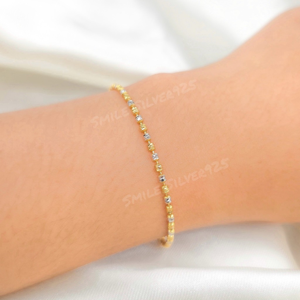 ข50 สร้อยข้อมือ ลาย Short ball จิกเพชร 2mm. เงินแท้ 92.5 ชุบ2กษัตริย์ (WG+G)