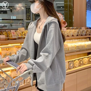 YOYO เสื้อฮู้ด แขนยาว ทรงโอเวอร์ไซซ์ สไตล์เกาหลี สำหรับผู้หญิง เสื้อกันหนาวแขนยาว มีฮู้ด ซิปหน้า แฟชั่น รุ่น2838