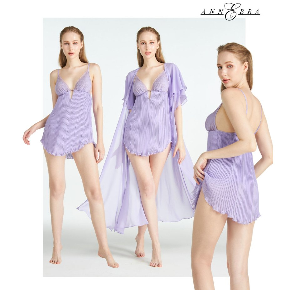 Annebra ชุดนอน สายเดี่ยว ตัวสั้น ผ้าชีฟองอัดพลีทตัดต่อลูกไม้ พร้อมกางเกง Pleat Chiffon Nightdress Set รุ่น AN8-878 woman