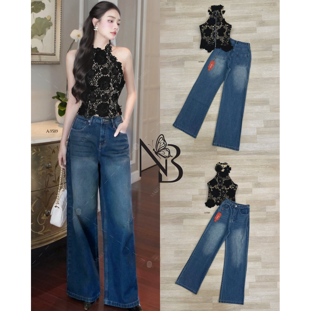 M10 Set ชุดเซ็ทเสื้อลูกไม้แขนกุด+กางเกงยีนส์ขายาว สำหรับผู้หญิง เสื้อผ้าแฟชั่นผู้หญิง ไซส์ Xs-L Nabibrand