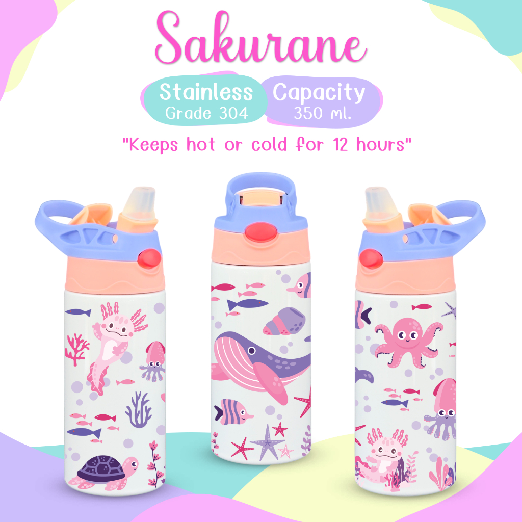 Sakurane กระบอกน้ำเด็ก สแตนเลส304 ฝากดหลอดเด้ง ขนาด 350ml. (12oz) ขวดน้ำอนุบาล แก้วน้ำเด็กไปโรงเรียน