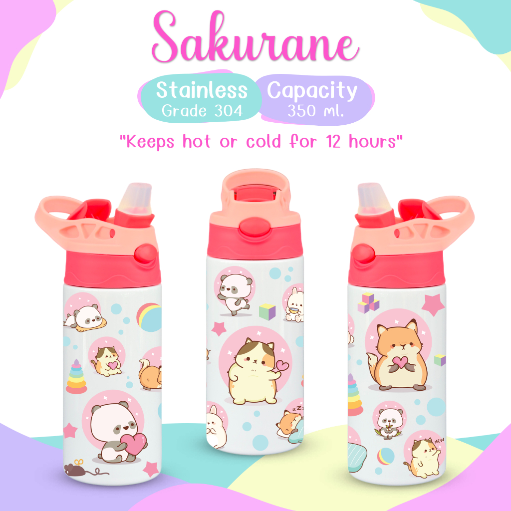 Sakurane แก้วน้ำเด็ก สกรีนลาย ขนาด 350ml. (12oz) สแตนเลส 304 ฝากดหลอดเด้ง ขวดน้ำอนุบาล กระบอกน้ำเด็ก