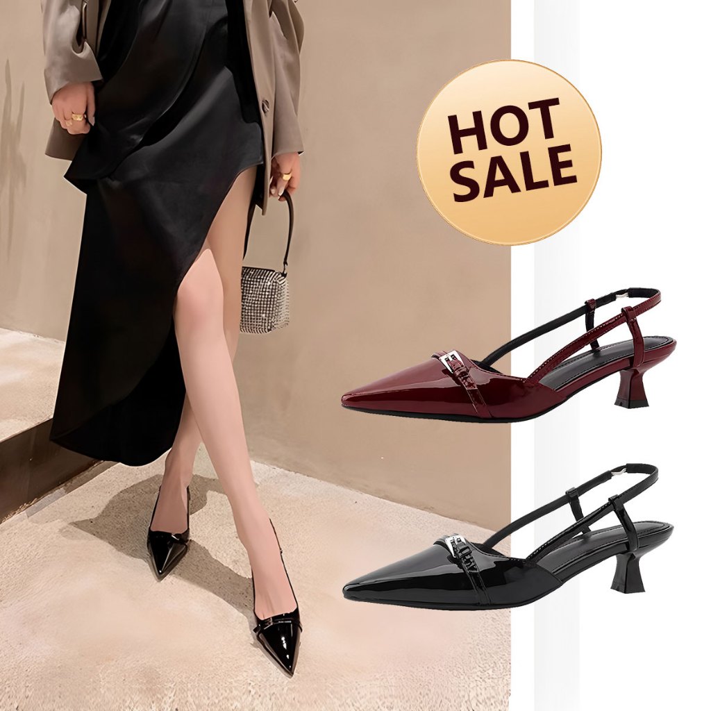 ⚡พร้อมสต็อก⚡งนุ่มชี้นิ้วเท้าสิทธิบัตรหนังนิ้วเท้าหุ้มรองเท้าแตะผู้หญิงสไตล์กริชกลับที่ว่างเปล่ารองเท้าส้นสูงผู้หญิงจัดส
