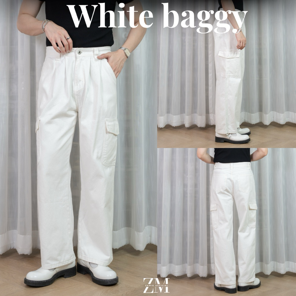 WHITE BAGGY JEANS กางเกงยีนส์สีขาวทรงกระบอกใหญ่