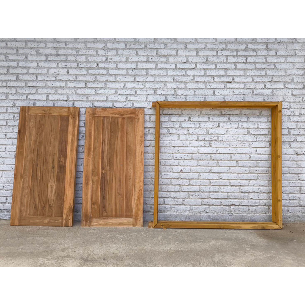 ชุดหน้าต่าง พร้อมวงกบบานคู่ หน้าต่าง 50x100cm 2 บาน ,วงกบ 100x100cm ทำจากไม้สักแท้