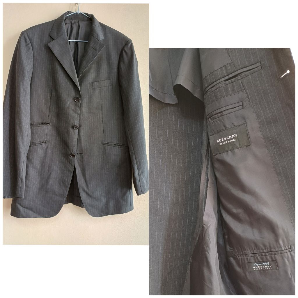 Burberry Black Label Blazer 40R เสื้อสูทผู้ชาย สีเทาดำลายทางสีฟ้า