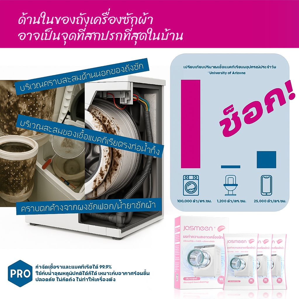 JASMEEN กลิ่มหอมลาเวนเดอร์/กลิ่นซากุระ น้ำยาล้างเครื่องซักผ้า ขจัดเชื้อรา ตะกรัน ใช้ง่าย ไม่ต้องแช่ - รูปที่ 5