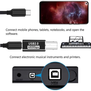 USB B 2.0 square connector adapter. Type C to USB B 2.0 (MIDI). Black