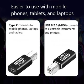 USB B 2.0 square connector adapter. Type C to USB B 2.0 (MIDI). Black