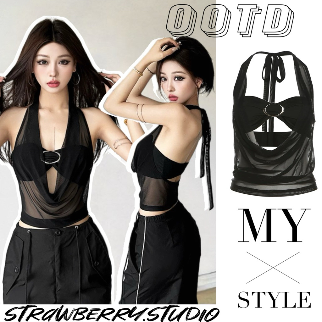 STR พร้อมส่ง🖤เสื้อครอป เสื้อคล้องคอเว้าหน้าอกเปิดหลัง  เสื้อ2ชิ้นเข้ารูป สวยดูแพง เซ็กซี่แฟชั่นผู้หญิง ชุดไปปาร์ตี้Y2K