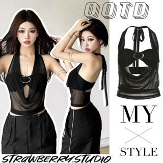 STR พร้อมส่ง🖤เสื้อครอป เสื้อคล้องคอเว้าหน้าอกเปิดหลัง  เสื้อ…