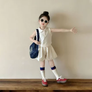 Beryl kids🌸ชุดสูทเด็กผู้หญิง🎀ชุดเซ็ตลูกสาวแฟชั่น เสื้อโปโลแขนกุด+กางเกงขาสั้น ชุดลําลองสองชิ้น สไตล์เกาหลี ฤดูร้อน