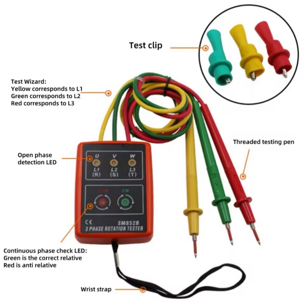 มิเตอร์วัดเฟสไฟฟ้า เครื่องวัดเฟสไฟฟ้า 3เฟส แสดงผลด้วยไฟ LED รุ่น SM852B Indicator Detector Meter 3Phase Rotation Tester