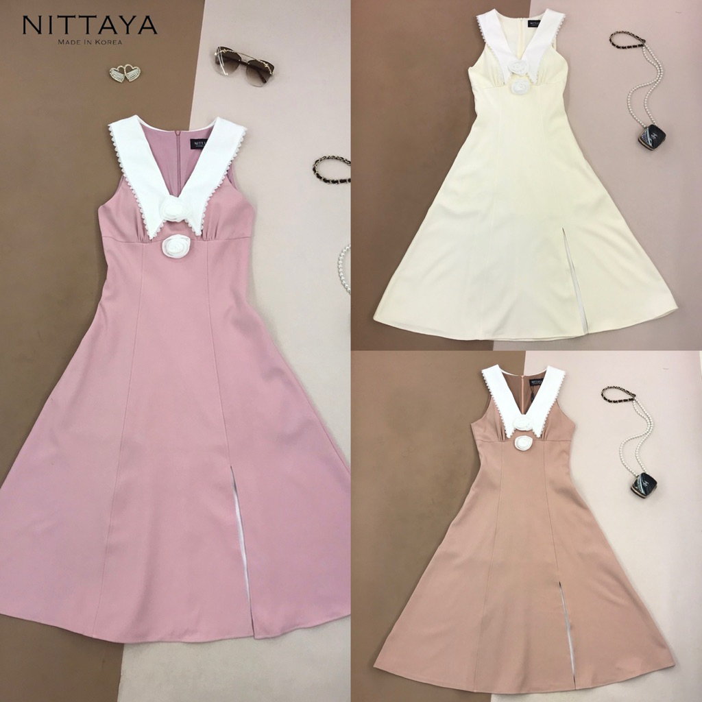 [NITTAYA] D2769 ชุดเดรสกระโปรงคอปกแขนกุดแต่งลูกไม้ฉลุเข็มกลัดดอกไม้เรียบหรูใส่ออกงาน ดินเนอร์ ออกเดท