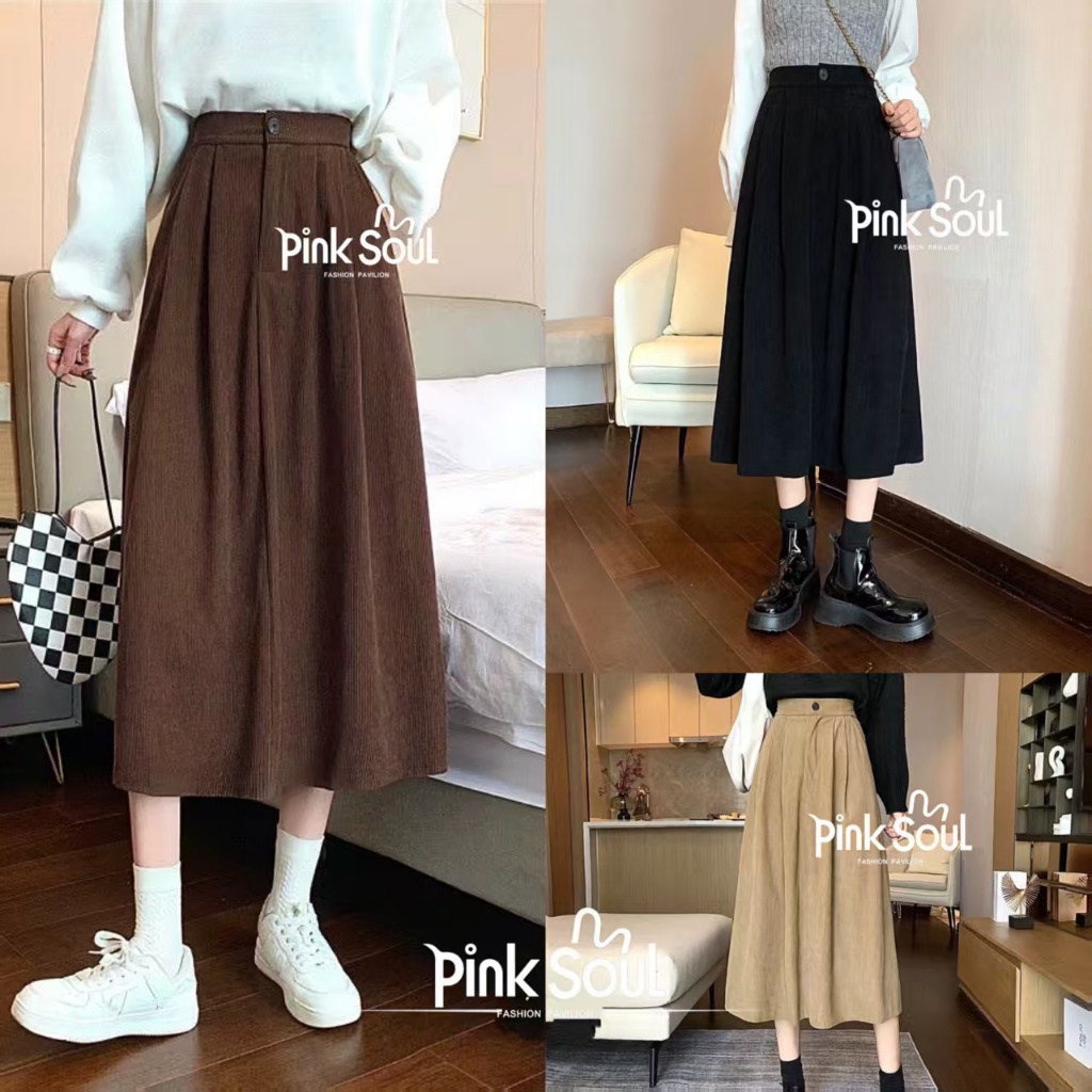 พร้อมส่ง กระโปรงยาว ลูกฟูก เอวสม็อคหลัง เนื้อผ้านุ่มนิ่ม ใส่สบาย แมทซ์ลุคง่าย รุ่นกระดุมหน้า ทรงบาน สไตล์เกาหลี