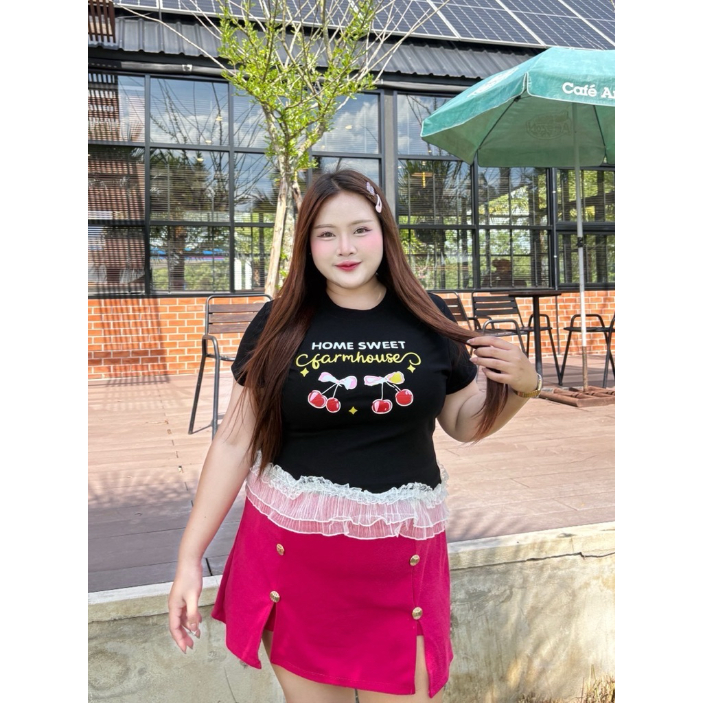 ย 306 สุดฮิต เสื้อยืดแต่งชายระบายลูกไม้สาวอวบ สกรีนเชอร์รี่สวยๆ ผ้าดียืดเยอะ