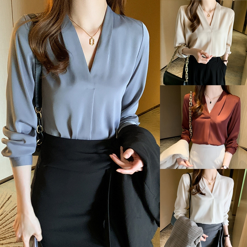 เสื้อเบลาส์ ผ้าชีฟอง แขนยาว คอวี สไตล์เกาหลี สําหรับผู้หญิง