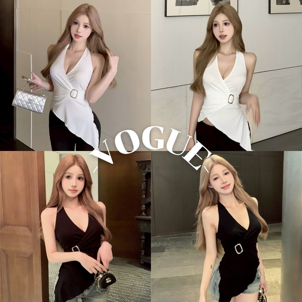 Vogue🌟พร้อมส่ง🌟 เสื้อคล้องคอ เว้าหลัง สีพื้นเรียบหรูดูแพง ปลายปล่อย (FY9240)
