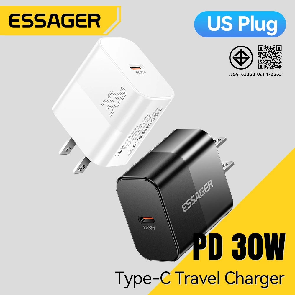 Essager 30W Type-c ที่ชาร์จแบบพกพา ปลั๊ก US/EU พร้อมชิปอัจฉริยะในตัว for Huawei Samsung ip