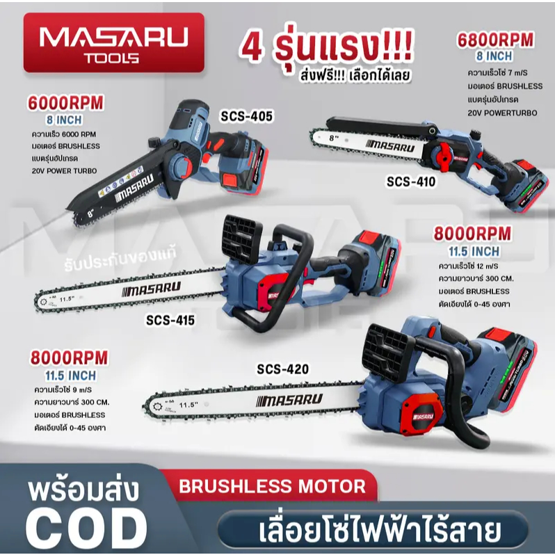 MASARU เลื่อยไฟฟ้าไร้สาย 11.5 นิ้ว 8 นิ้ว 20V เลื่อยตัดไม้แบตเตอรี่ ตัดไม้ขนาดใหญ่ ประกัน 1 ปี