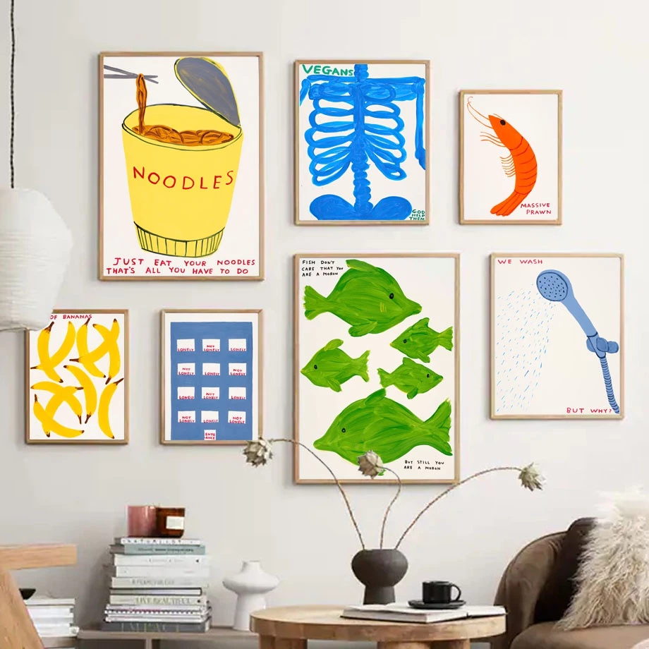 (พร้อมส่งจากไทย ภาพรวมกรอบ)David Shrigley Fish Banana Shrimp Skeleton สไตล์นอร์ดิก สําหรับติดตกแต่งผนังบ้าน ห้องนั่งเล่น