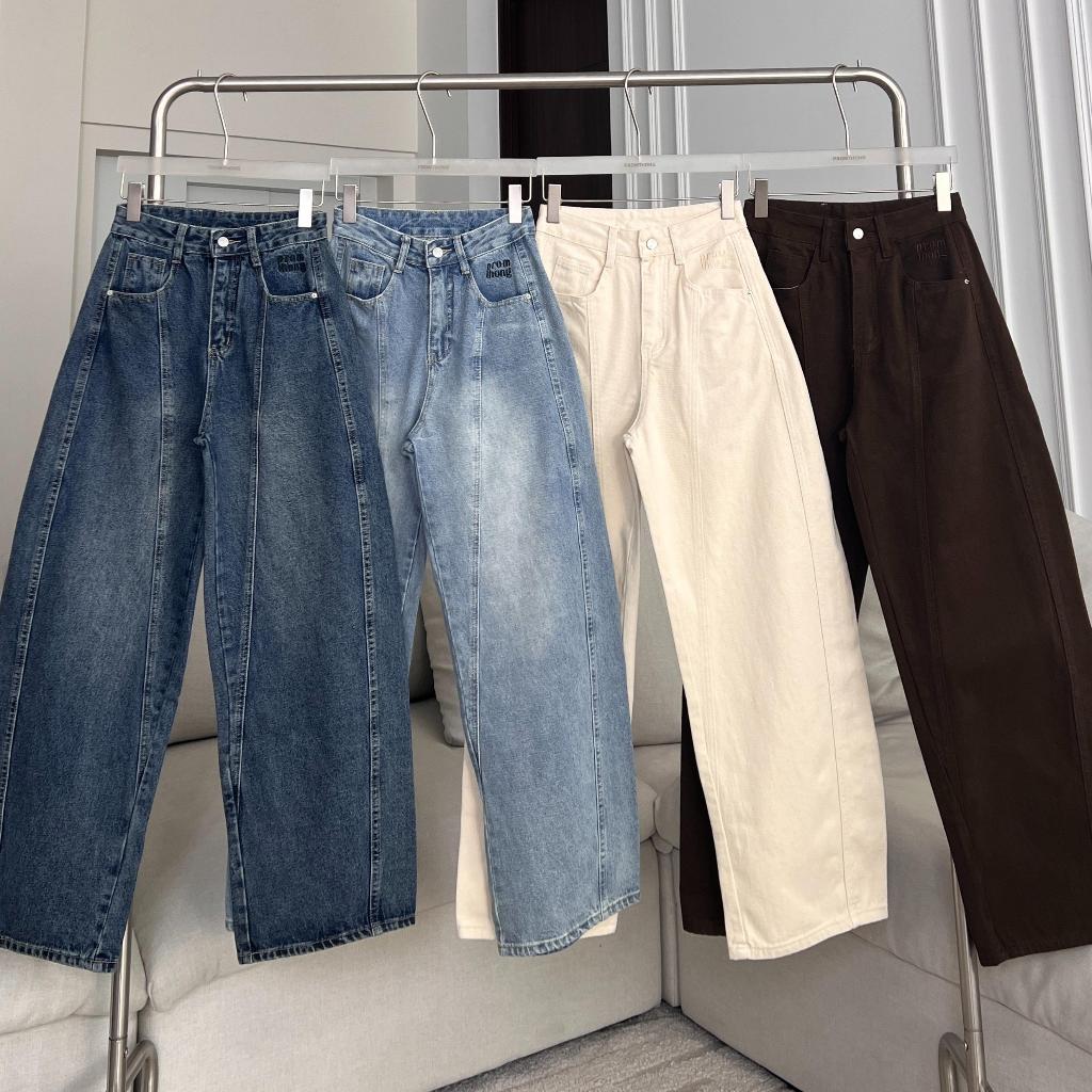 PTJ30271 Martine Line Barrel High-rise กางเกงยีนส์เอวสูงขากระบอกปักโลโก้ PROMTHONG