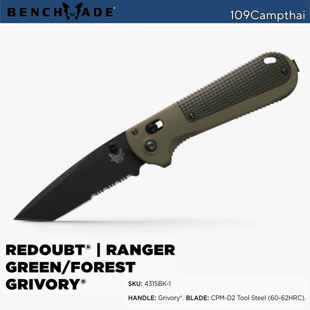 มีดพับ BENCHMADE แท้รุ่น Redoubt Ranger Green Forest Grivory Tanto, CPM-D2 Tool Steel 60-62HRC 431SBK-1 Factory OR, USA.