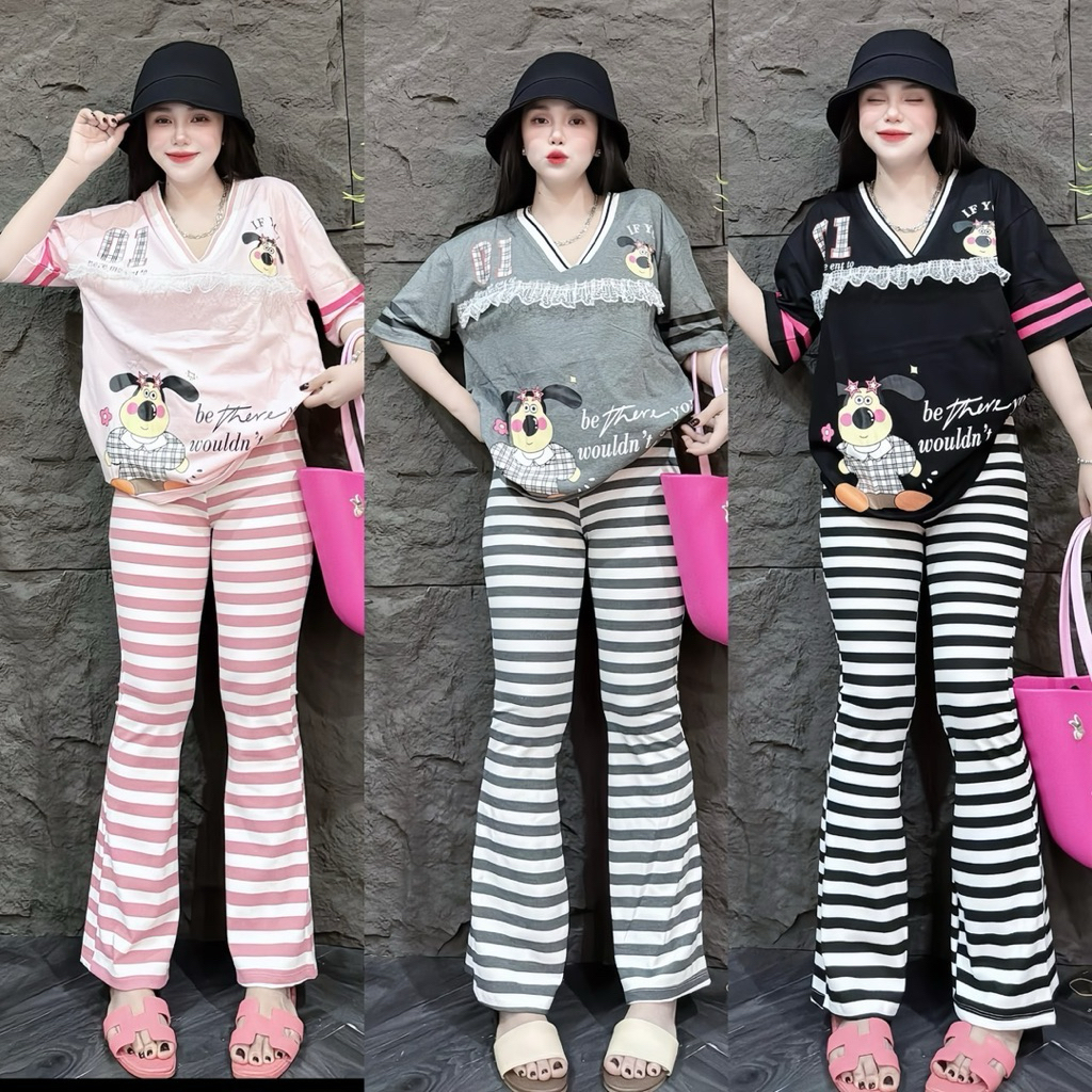 Set 2ชิ้น แฟชั่นผู้หญิง คอวีระบายหน้า กางเกงขาม้าลายขวาง