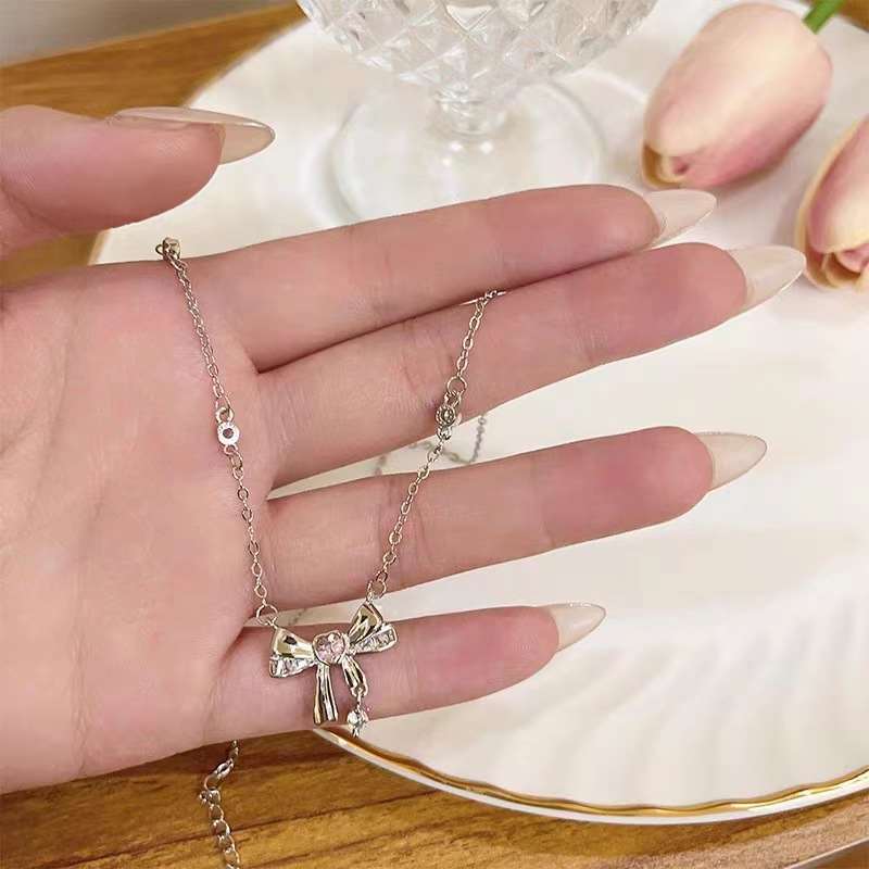 สร้อยคอโบว์ หัวใจพลอยเทียม ระดับไฮเอนด์หรูหราหวาน แฟชั่นสไตล์เกาหลี โซ่ไหปลาร้า เข้ากับทุกการแต่งกาย - รูปที่ 3