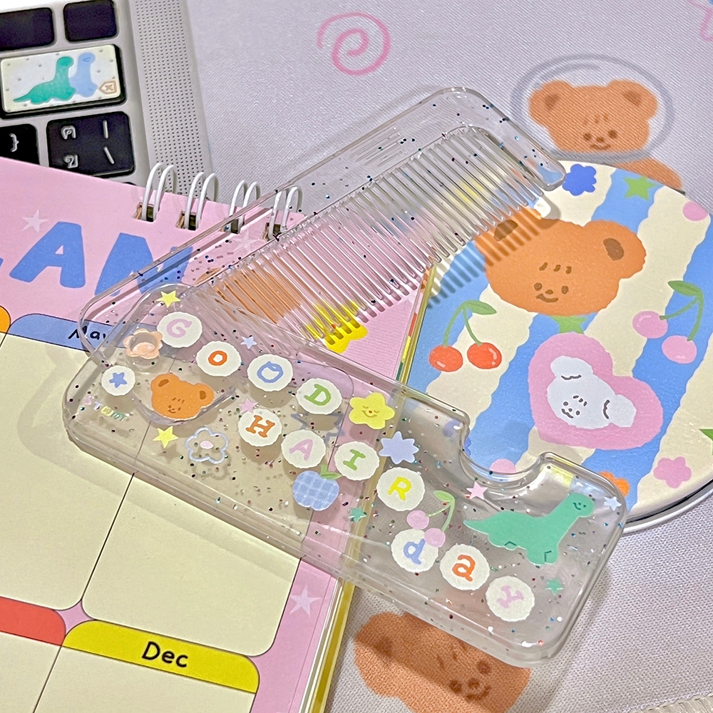 Compact Comb : Good hair day หวีพกพาพลาสติคกลิ๊ตเตอร์สุดน่ารัก ลายเท๊ดดี้ ไดโน และบิงบิง | Stickwithme4ev