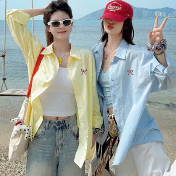 5 สี เสื้อเชิ้ตแขนยาว เสื้อยืดผู้หญิง สีพื้น ปักลายโบว์