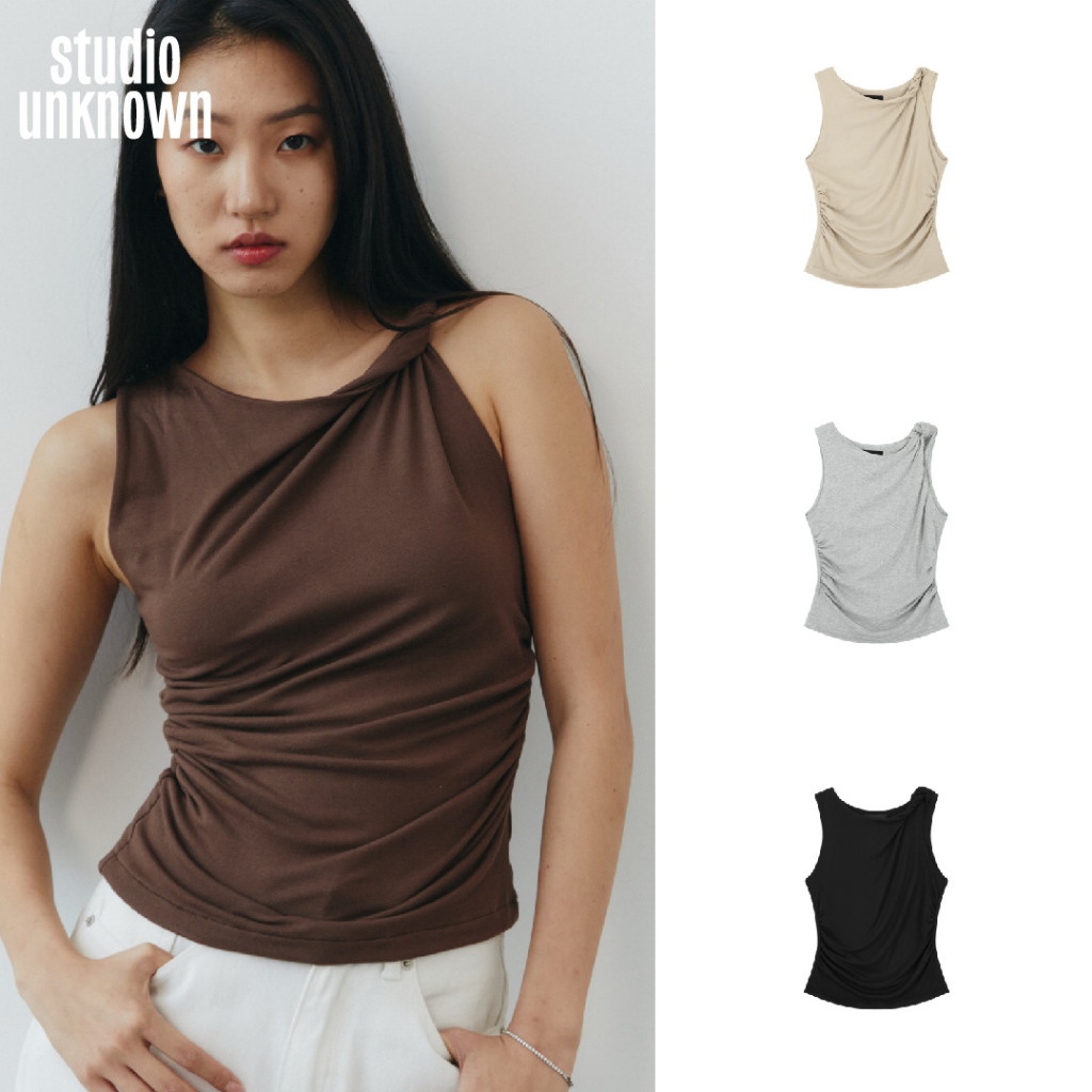 STUDIO UNKNOWN - Draped Top (S-2XL อก29-44“) เสื้อแขนกุดจับเดรฟ ดีเทลบิดไหล่