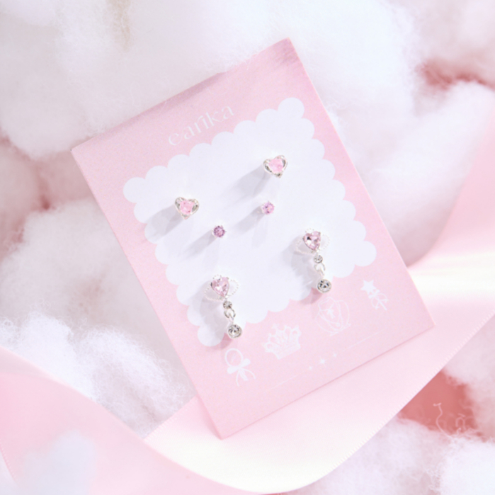 earika.earrings - punch crush crown set เซ็ตต่างหูหัวใจชมพู ก้านเงินแท้ชุบทองคำขาว เหมาะสำหรับคนแพ้ง่าย