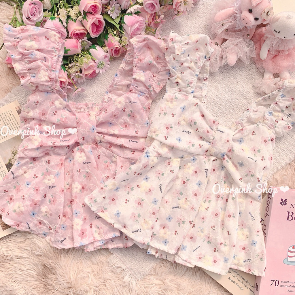 🌸OVP🌸 เสื้อลายดอกไม้ แขนดอลลี่ ผ้าคอตตอนฉลุปัก ดึงยางยืดหลัง เสื้อคอเหลี่ยม