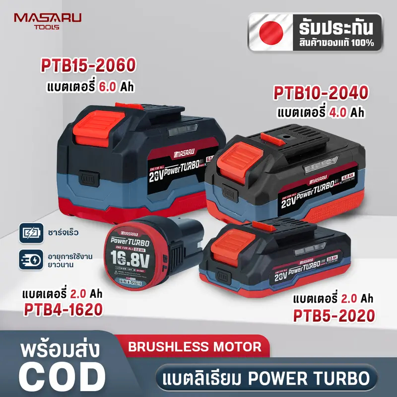 MASARU แบตเตอรี่ 20V 2.0Ah 4.0Ah รุ่น POWER TURBO ใช้กับสว่านไร้สาย ใช้งานกับเครื่องมือ MASARU