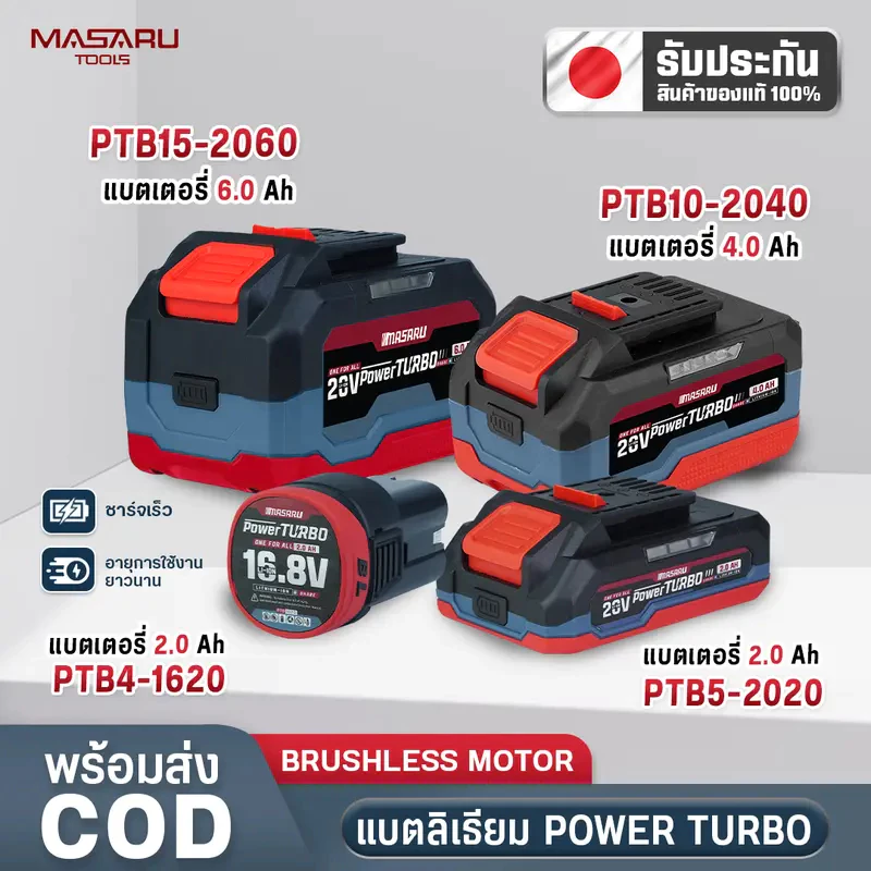 MASARU แบตเตอรี่ 20V 2.0Ah 4.0Ah รุ่น POWER TURBO ใช้กับสว่านไร้สาย ใช้งานกับเครื่องมือ MASARU